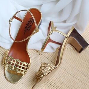 Michel Vivien Trani Gold Woven Strap Heel Sandals